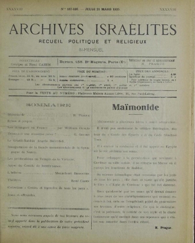Archives israélites de France. Vol.98 N°107-108 (21 mars 1935)